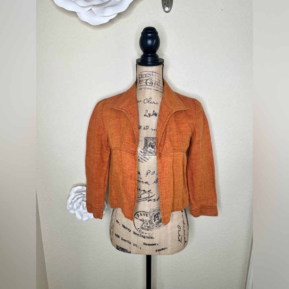 Vintage Company Ellen Tracy Petite 100% Linen Rust Cropped Blazer Sz 2P